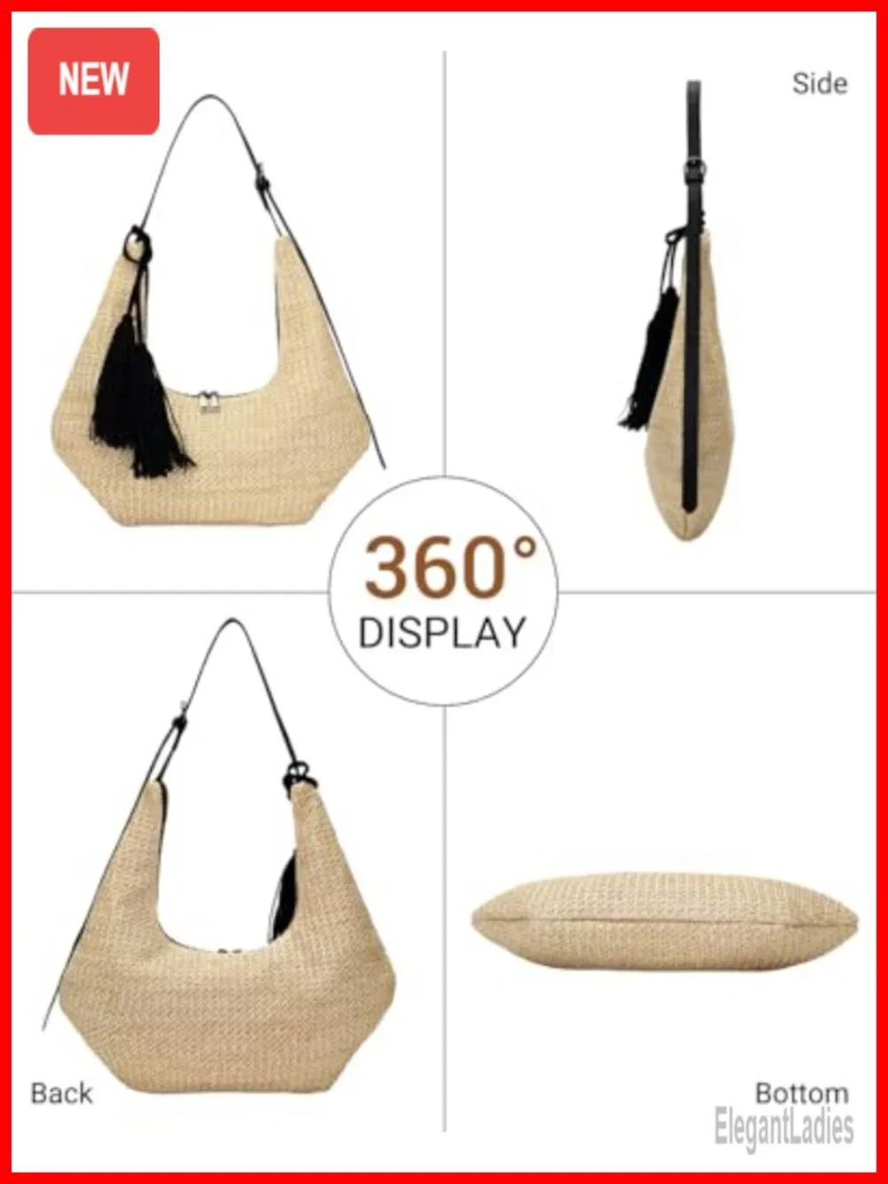 Hobo Shoulder Crossbody Bag with Adjustable Strap, Straw Weave Summer Beach
